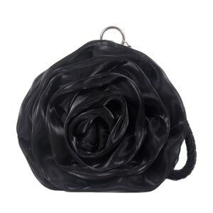 Black Satine Rose Flower Clutch Handbag with Removeable Strap